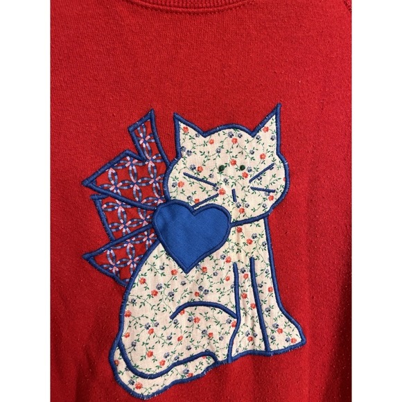 Vtg 90s Cat Sweatshirt Women XL Embroidered Red Y2K Lee Piling‎ Used - Picture 2 of 8